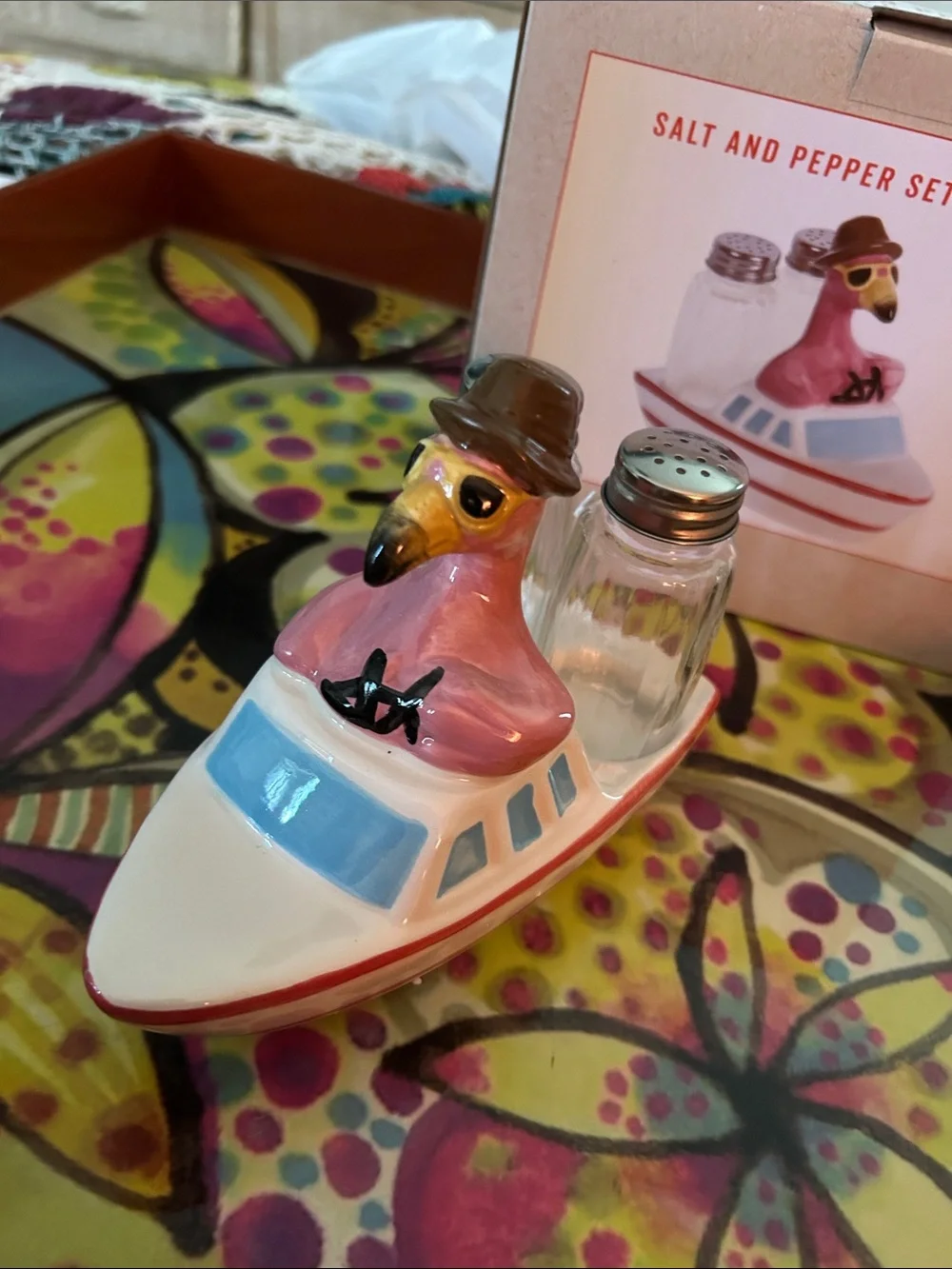 Pink Flamingo Salt & Pepper Set with Boat Holder